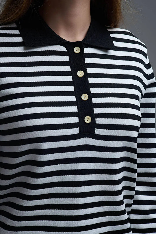 Black &amp; White Striped Long-Sleeve Polo - Tops