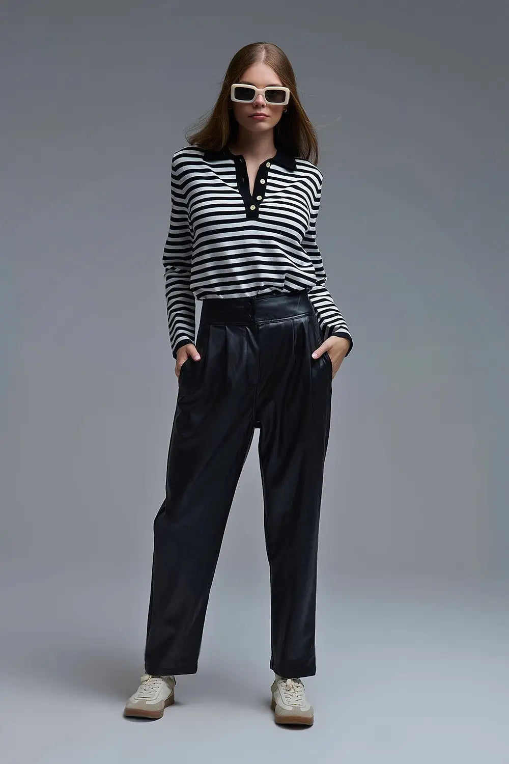 Black &amp; White Striped Long-Sleeve Polo - Tops
