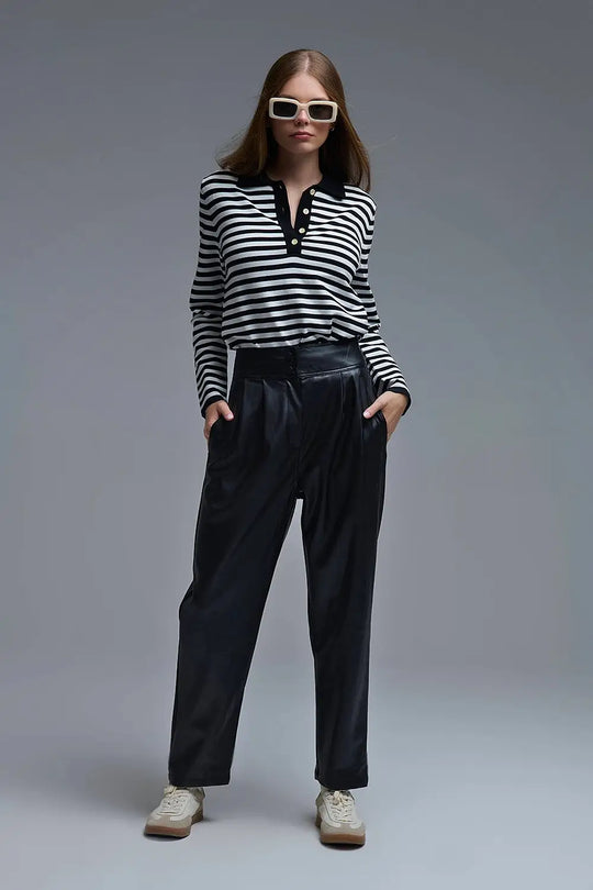 Black &amp; White Striped Long-Sleeve Polo - Tops