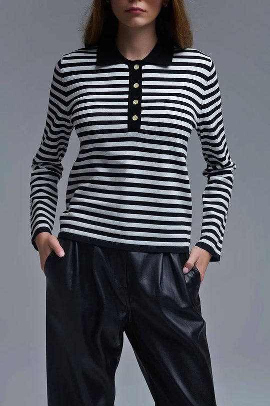 Black &amp; White Striped Long-Sleeve Polo - Tops