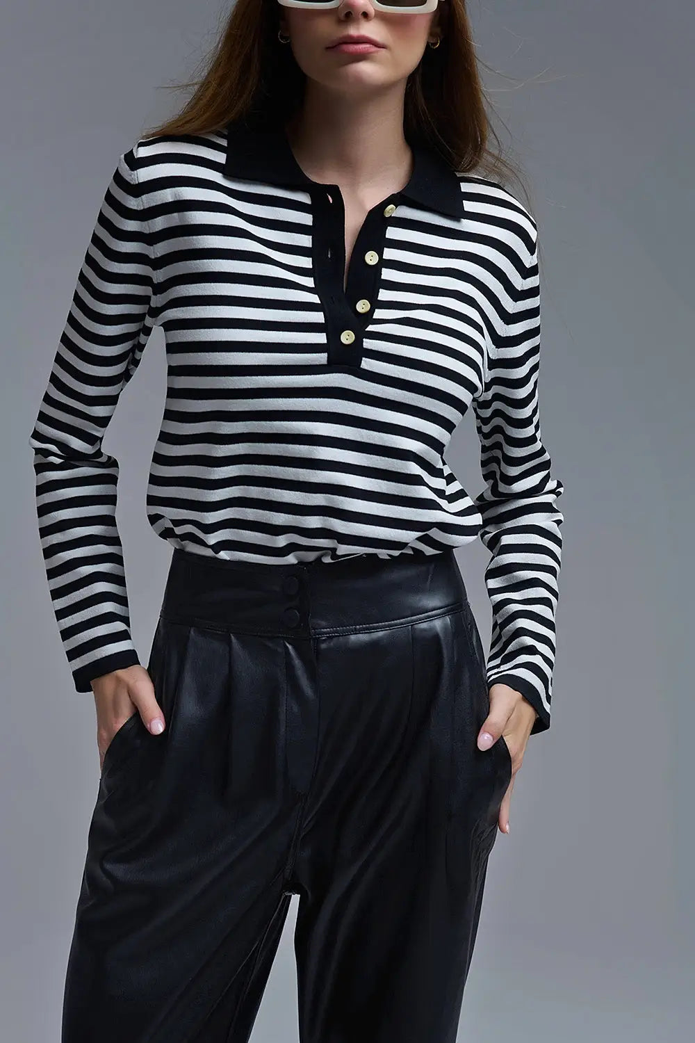 Black &amp; White Striped Long-Sleeve Polo - Tops