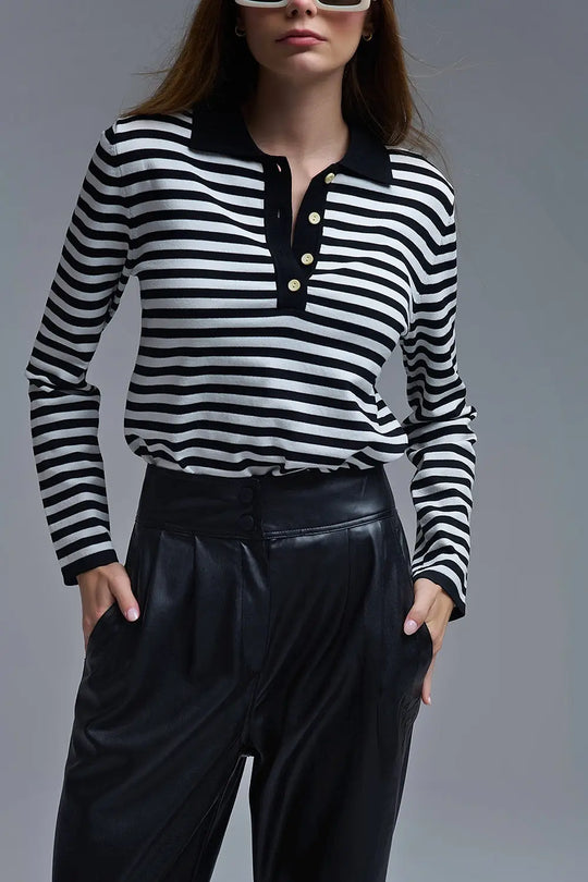 Black &amp; White Striped Long-Sleeve Polo - Tops