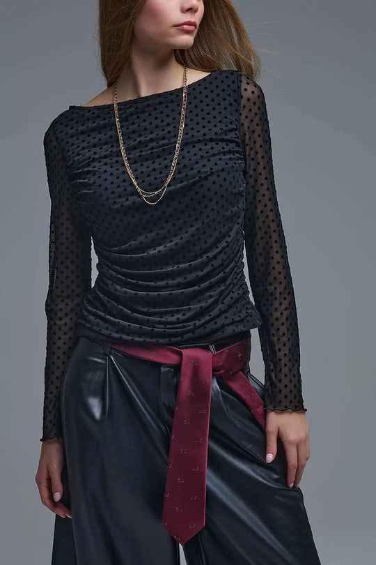 Chic Black Sheer Polka Dot Top - Tops
