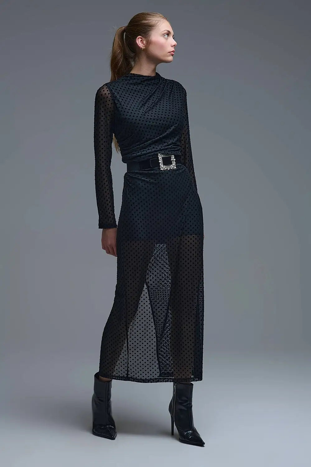 Chic Black Sheer Polka Dot Midi Dress - Dresses
