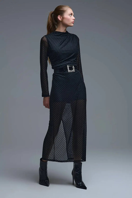 Chic Black Sheer Polka Dot Midi Dress - Dresses