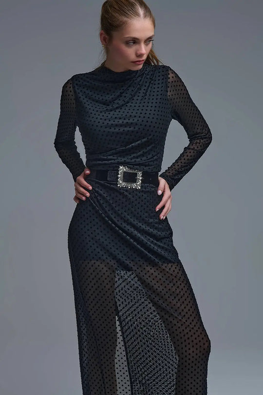 Chic Black Sheer Polka Dot Midi Dress - Dresses