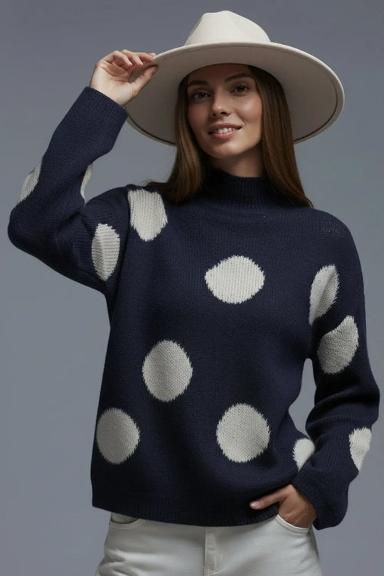 High-Neck Polka Dot Sweater With Bell Sleeves in navy - NAVY / ONE - Sweaters