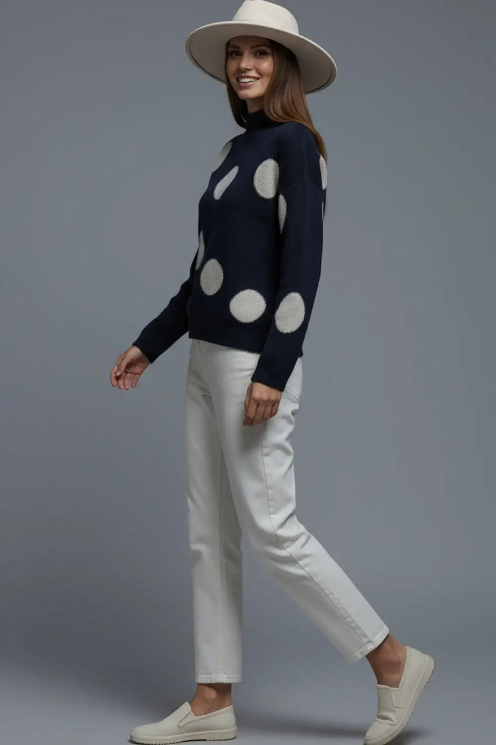 High-Neck Polka Dot Sweater With Bell Sleeves in navy - NAVY / ONE - Sweaters