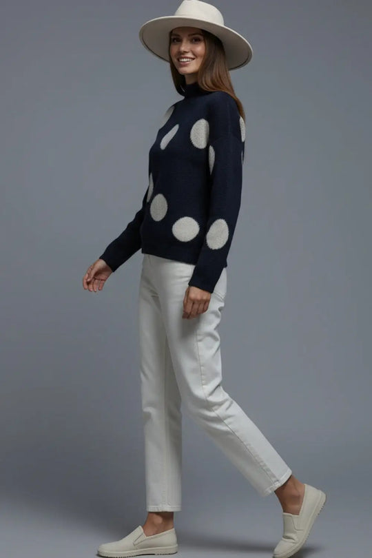 High-Neck Polka Dot Sweater With Bell Sleeves in navy - NAVY / ONE - Sweaters