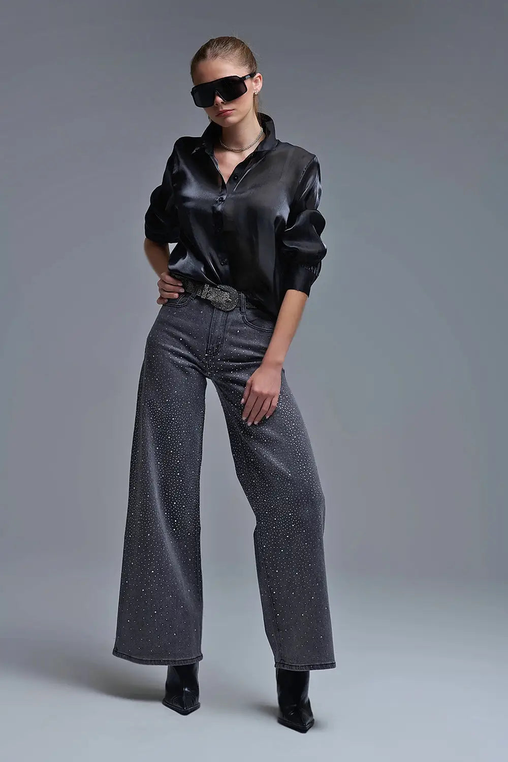 Black Rhinestone Wide-Leg Jeans