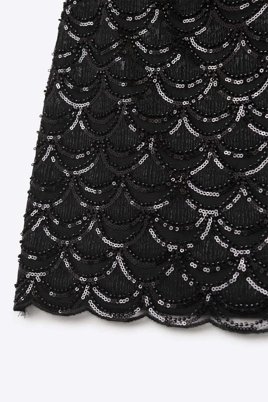 Scalloped Sequin Mini Skirt in Black - Skirts
