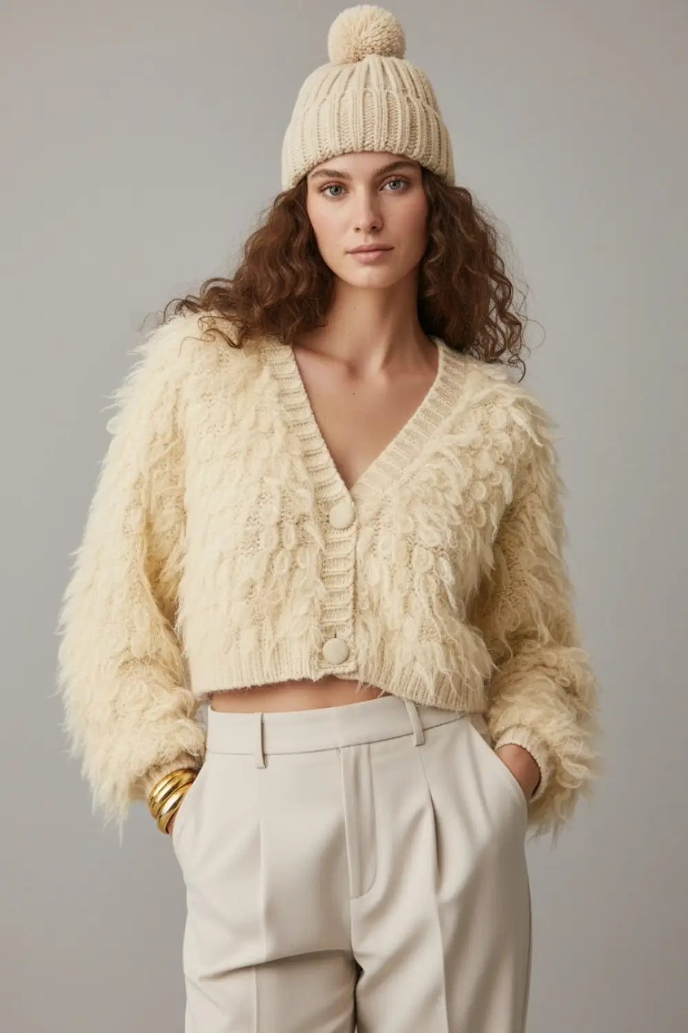 Chunky Shag Style Fluffy Knitted Cardigan in cream - CREAM / ONE - Jackets