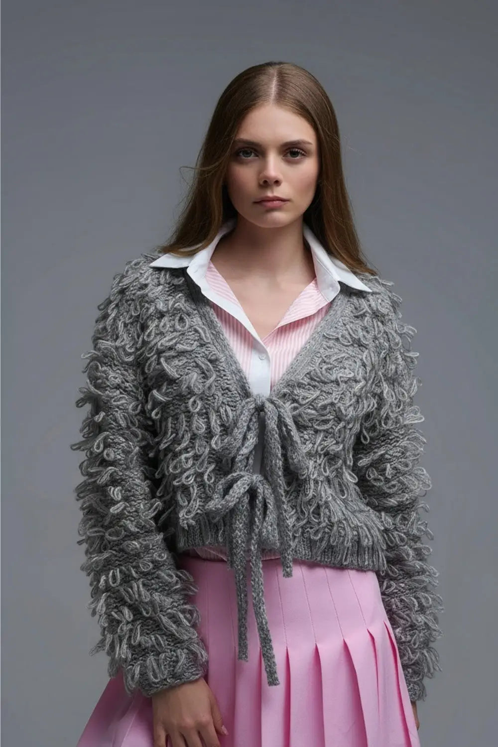 Grey Cropped chunky Knit cardigan with V-Neck and Front Tie closure - GRAY / ONE - Jackets