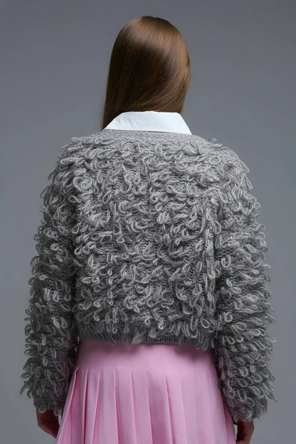 Grey Cropped chunky Knit cardigan with V-Neck and Front Tie closure - GRAY / ONE - Jackets