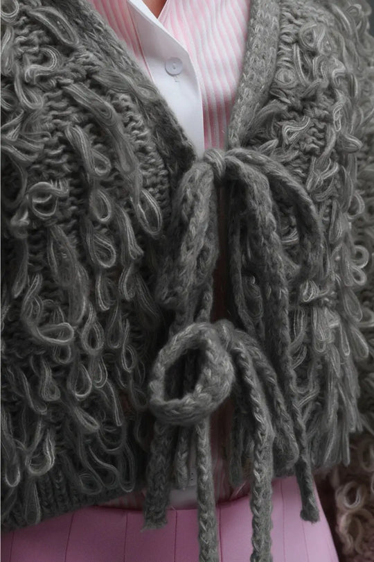 Grey Cropped chunky Knit cardigan with V-Neck and Front Tie closure - GRAY / ONE - Jackets