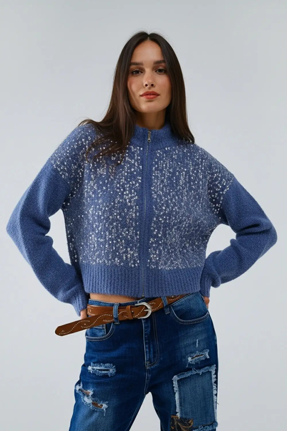 Blue fluffy knit cardigan with sequins and zipper closure - BLUE / ONE - Cardigans
