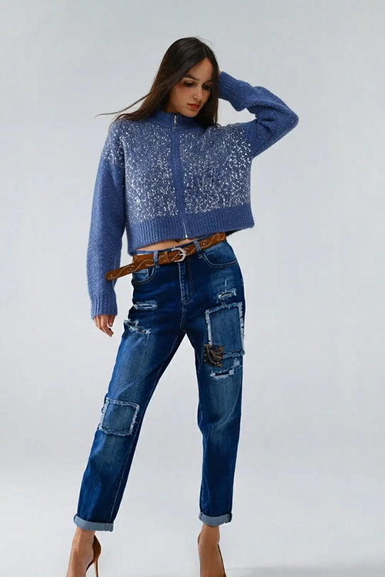 Blue fluffy knit cardigan with sequins and zipper closure - BLUE / ONE - Cardigans