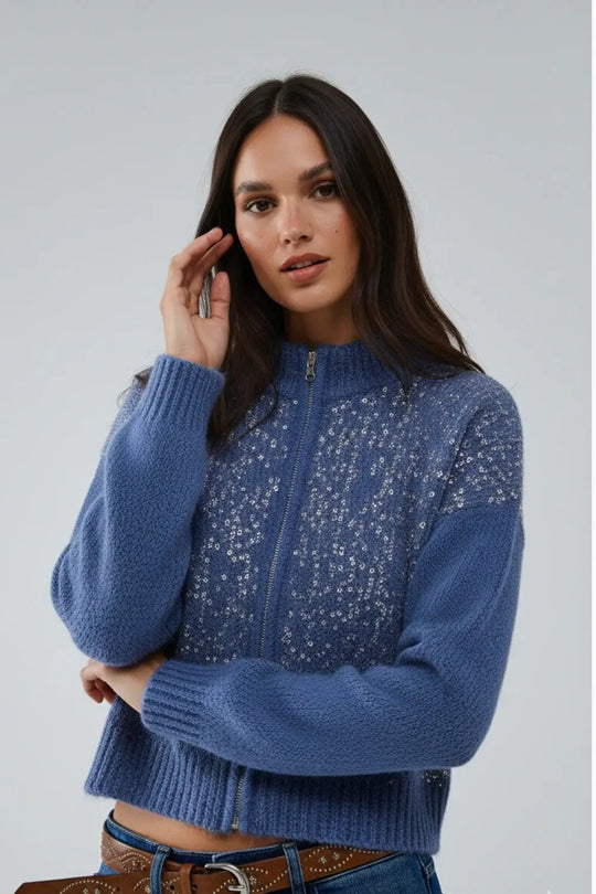 Blue fluffy knit cardigan with sequins and zipper closure - BLUE / ONE - Cardigans