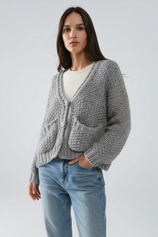 Oversized gray chunky knit jacket with pockets - GRAY / ONE - Jackets Cardigans