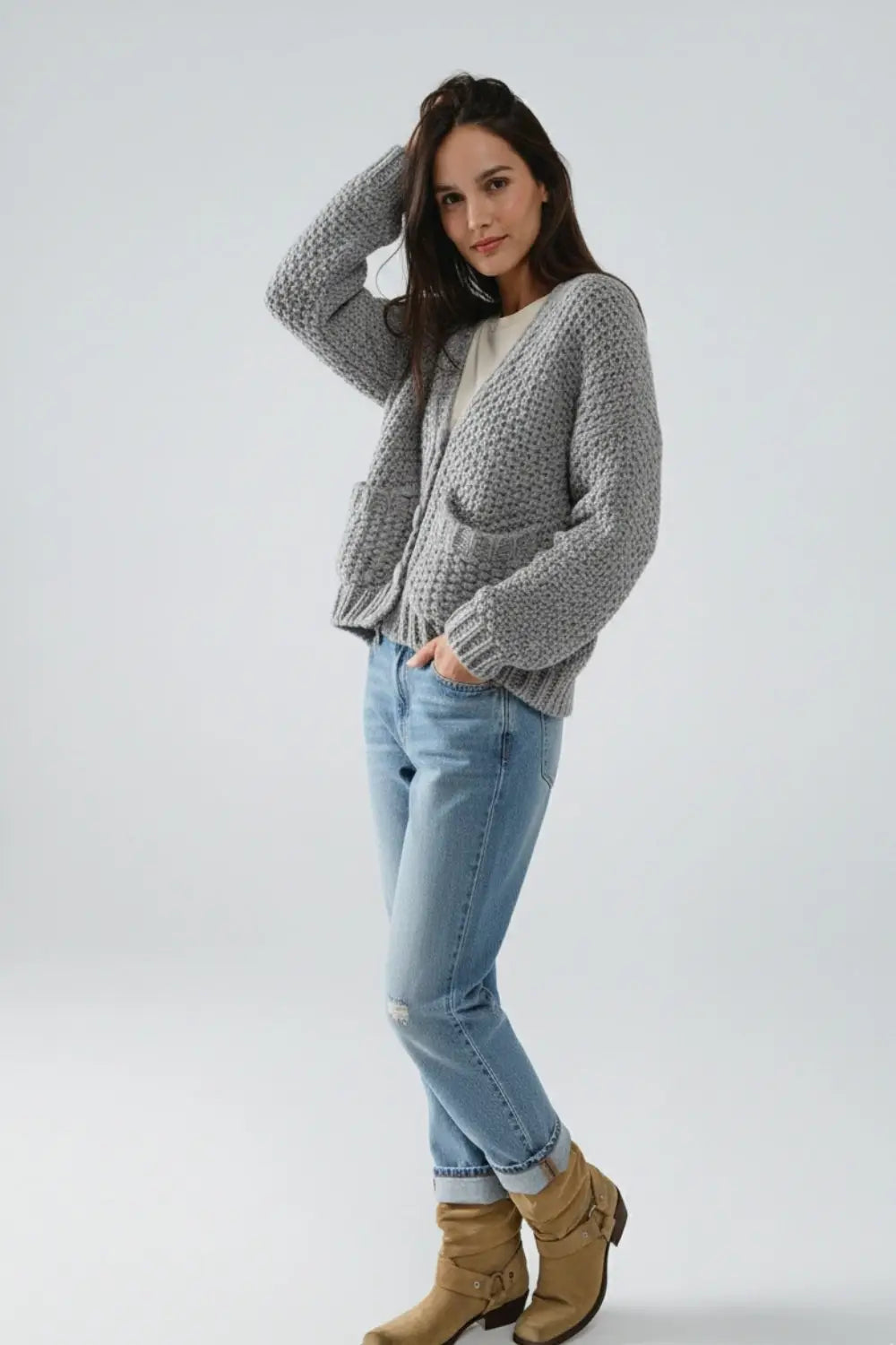 Oversized gray chunky knit jacket with pockets - GRAY / ONE - Jackets Cardigans