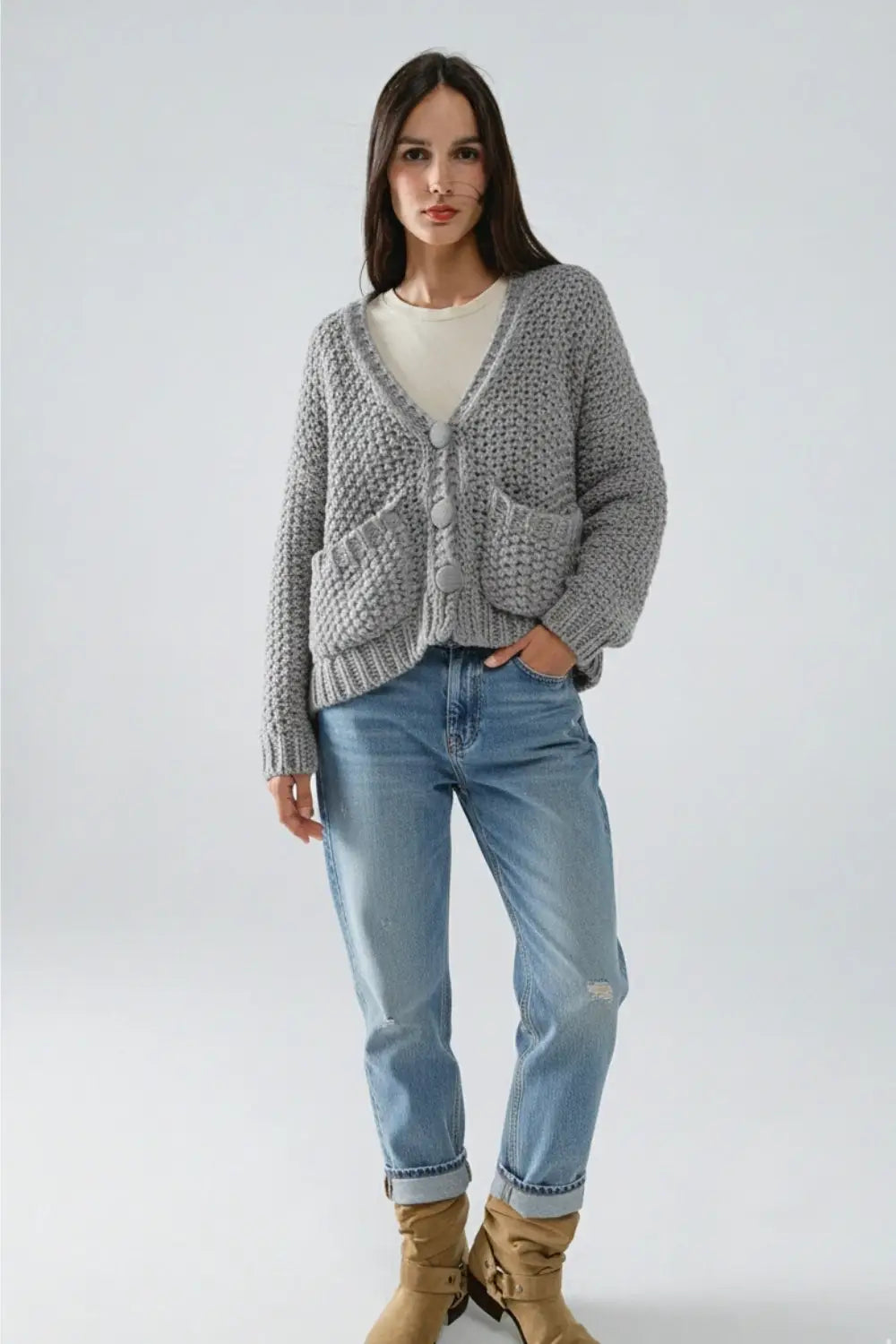 Oversized gray chunky knit jacket with pockets - GRAY / ONE - Jackets Cardigans