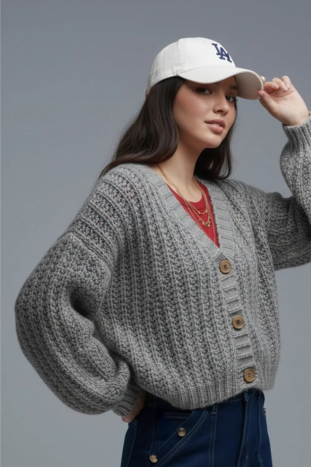 Open Knit Chunky Cardigan In grey with buttons - GRAY / ONE - Jackets