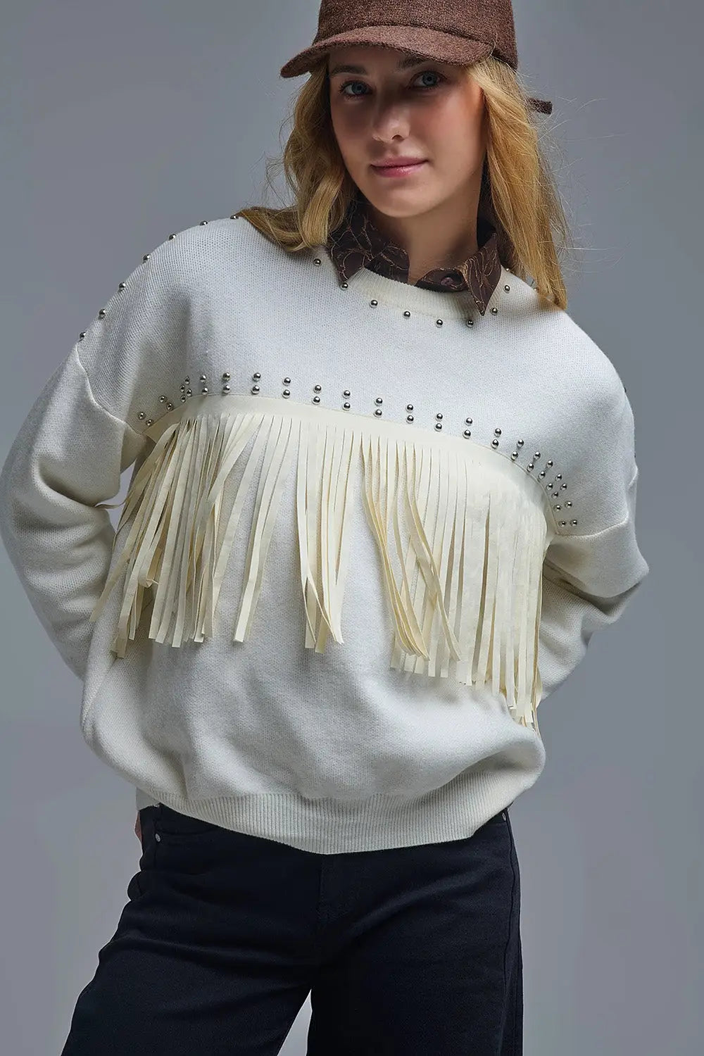 Stylish White Knitted Sweater with Fringe - CREAM / ONE - Sweaters