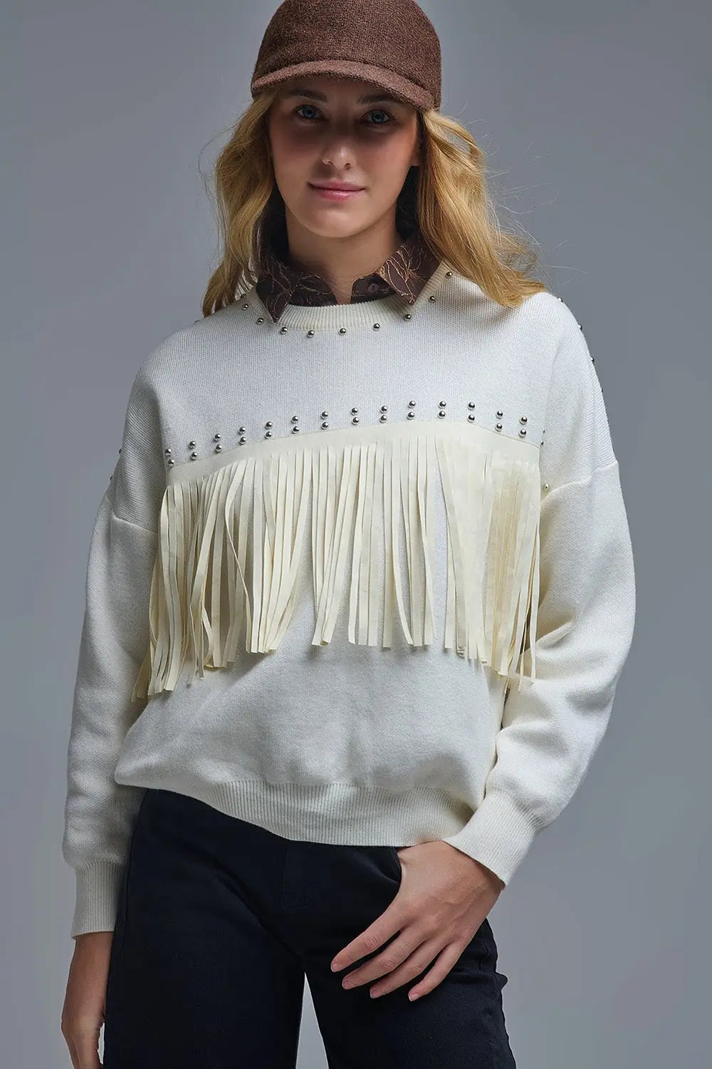 Stylish White Knitted Sweater with Fringe - CREAM / ONE - Sweaters