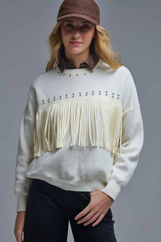 Stylish White Knitted Sweater with Fringe - CREAM / ONE - Sweaters