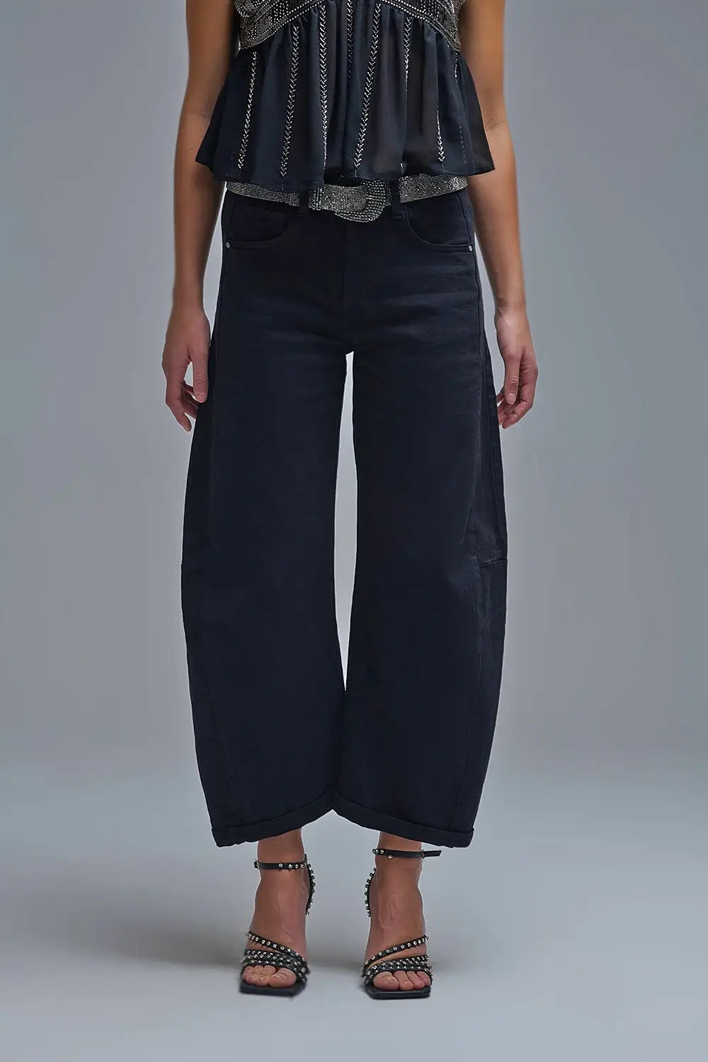 Trendy Black Barrel Balloon Jeans with Pockets - Pants