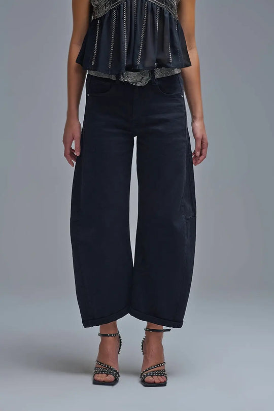 Trendy Black Barrel Balloon Jeans with Pockets - Pants
