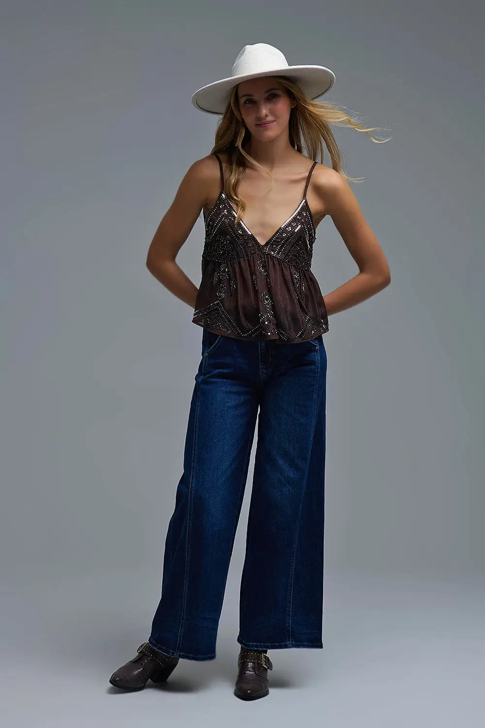 Sequin Camisole Top in brown with Floral Detail embellished - Tops