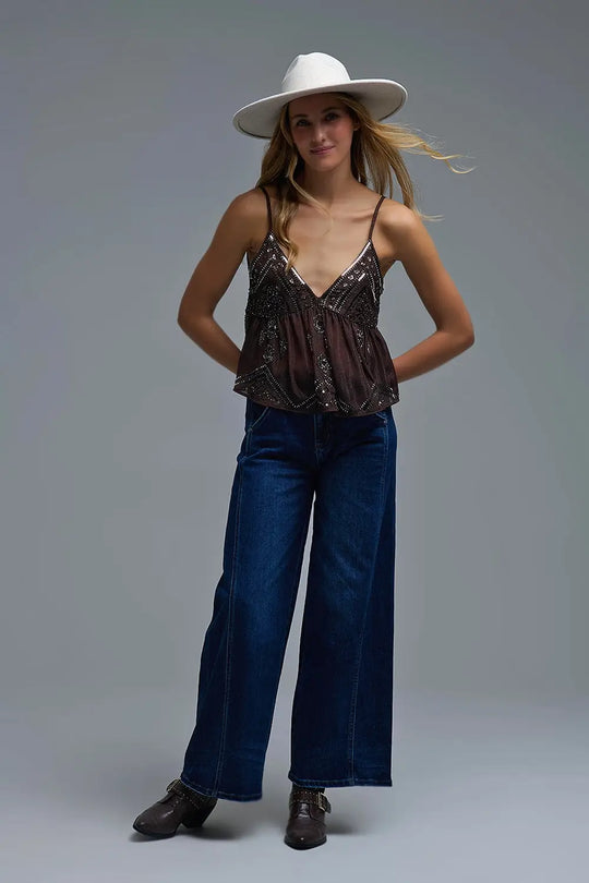 Sequin Camisole Top in brown with Floral Detail embellished - Tops