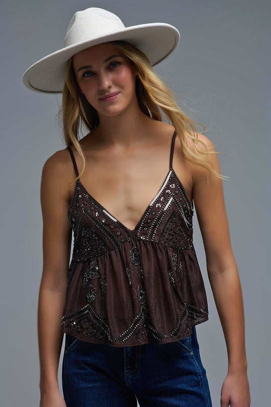 Sequin Camisole Top in brown with Floral Detail embellished