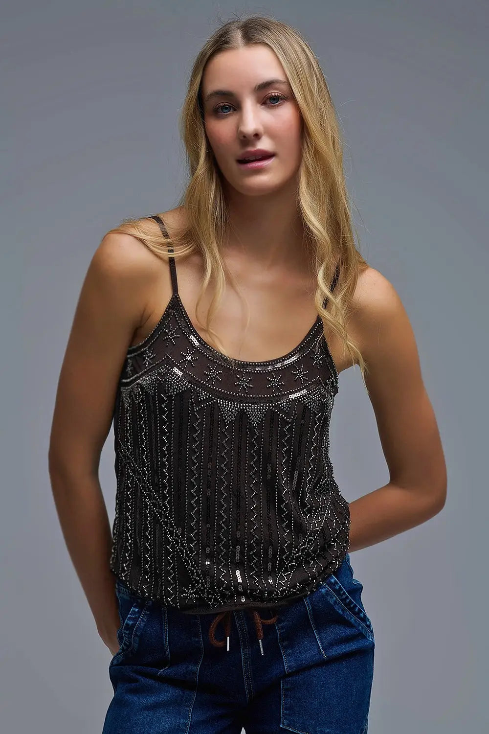 vintage Embroidered Sequin Cami Top in brown - Tops