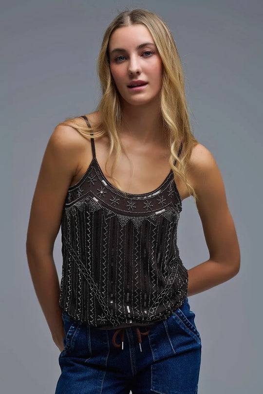 vintage Embroidered Sequin Cami Top in brown - Tops