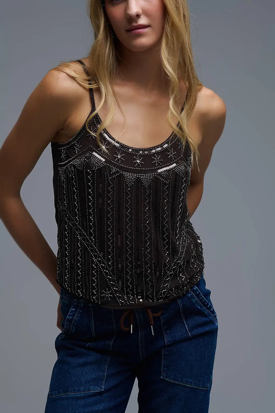 vintage Embroidered Sequin Cami Top in brown - Tops