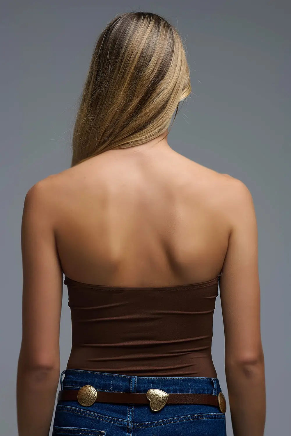 Brown Strapless Bodysuit with Gold metal Detail - Tops