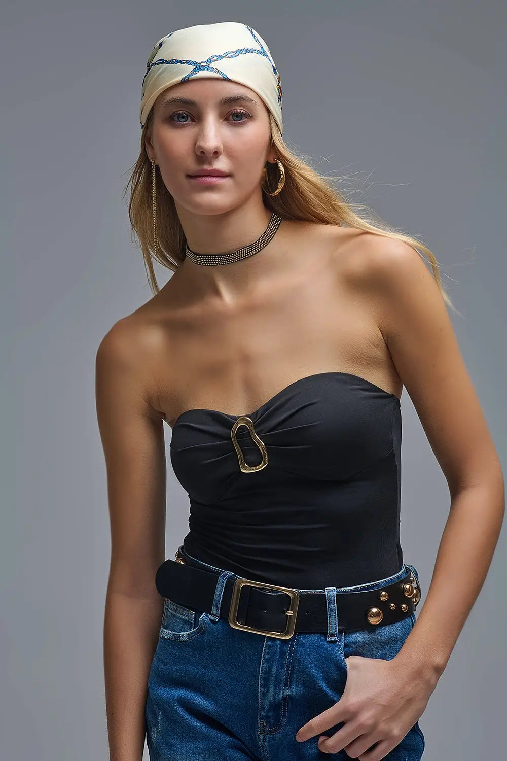 Strapless Bodysuit in black with Gold metal Detail - Tops