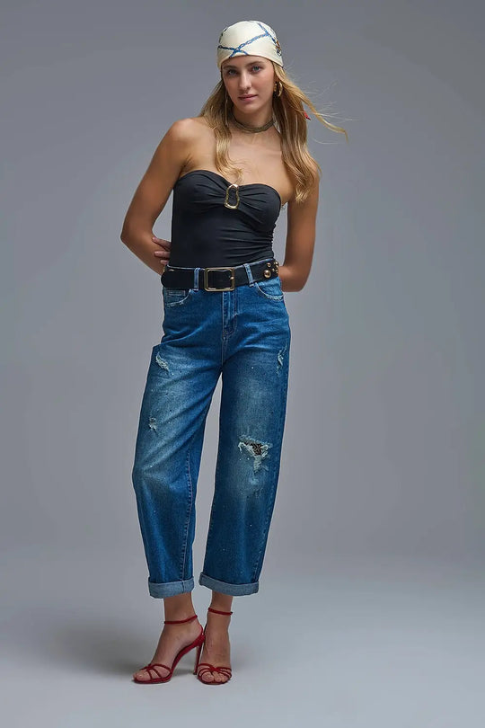 Strapless Bodysuit in black with Gold metal Detail - Tops
