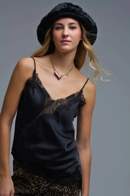 asymmetrical Satin Top in black with Laced Design - Tops