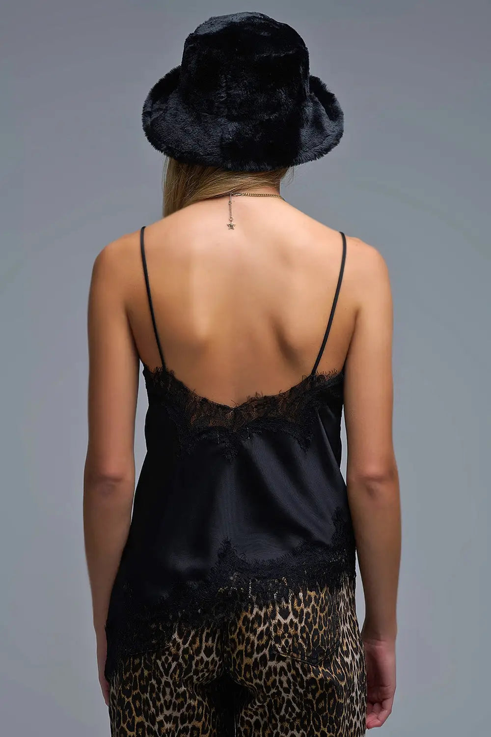 asymmetrical Satin Top in black with Laced Design - Tops