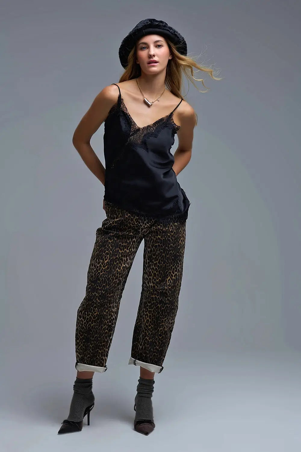 asymmetrical Satin Top in black with Laced Design - Tops