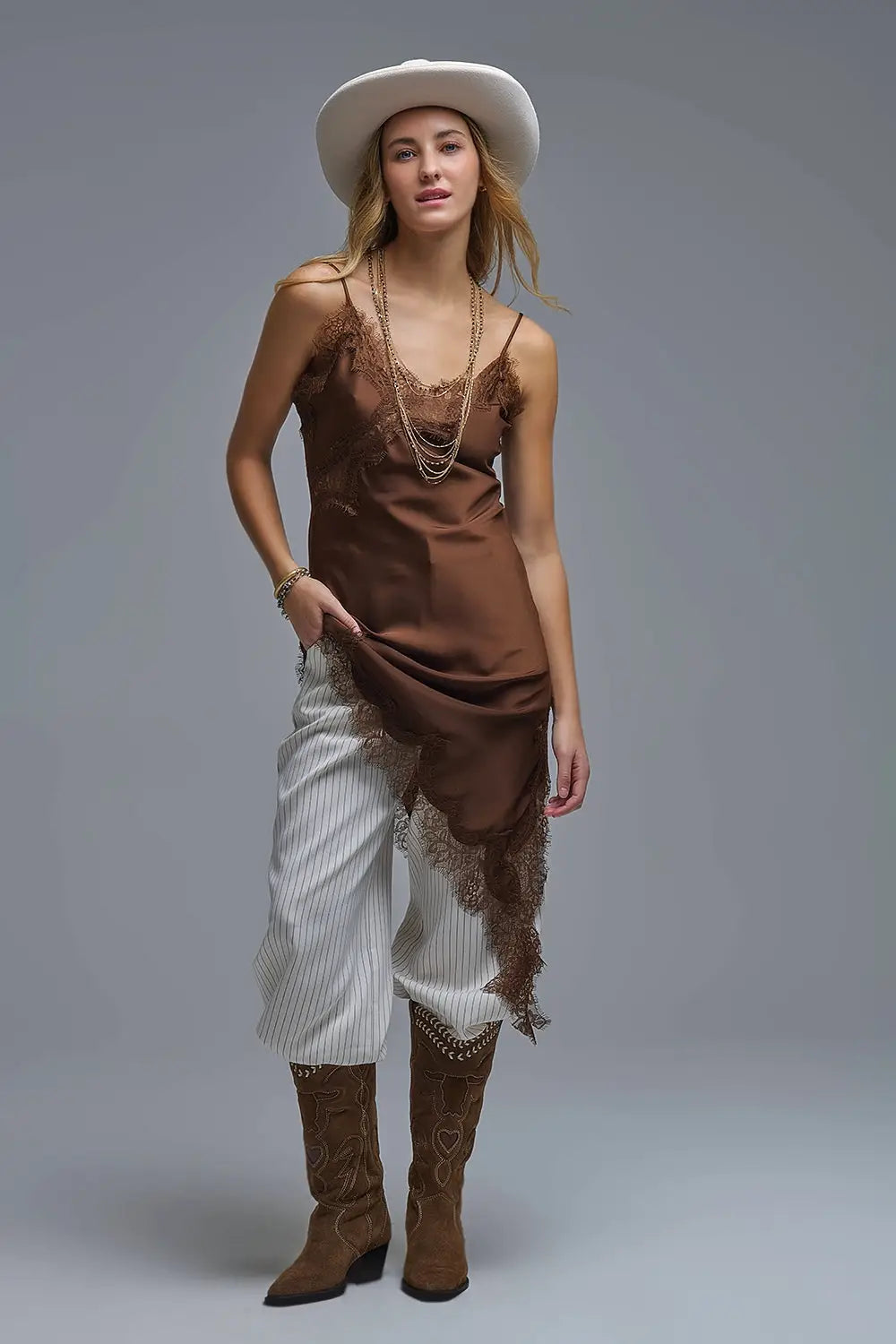 Asymetrical Satin Lace Dress in brown - Dresses