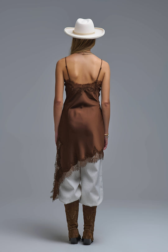 Asymetrical Satin Lace Dress in brown