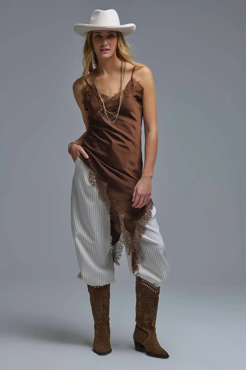 Asymetrical Satin Lace Dress in brown - Dresses