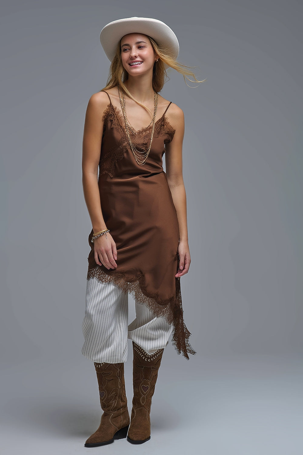 Asymetrical Satin Lace Dress in brown