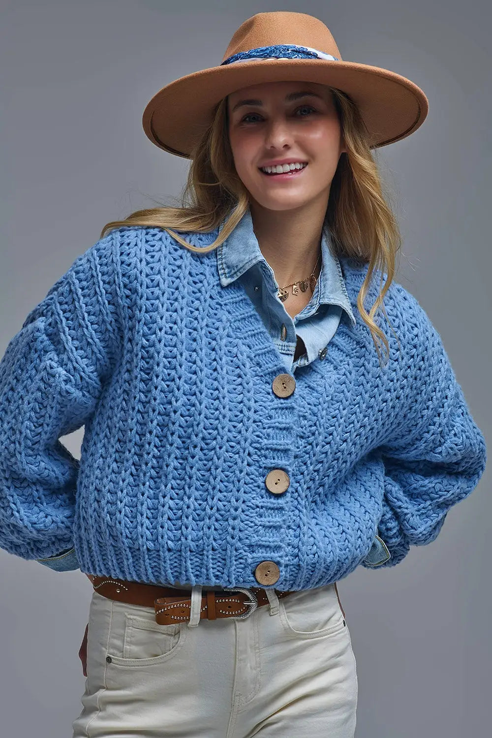 Open Knit Chunky Cardigan In blue - BLUE / ONE - Jackets