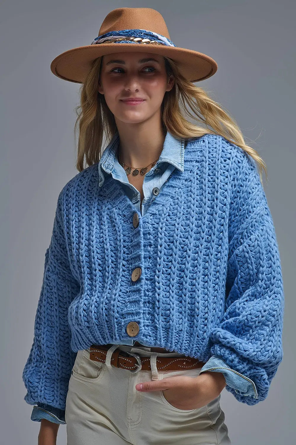 Open Knit Chunky Cardigan In blue - BLUE / ONE - Jackets