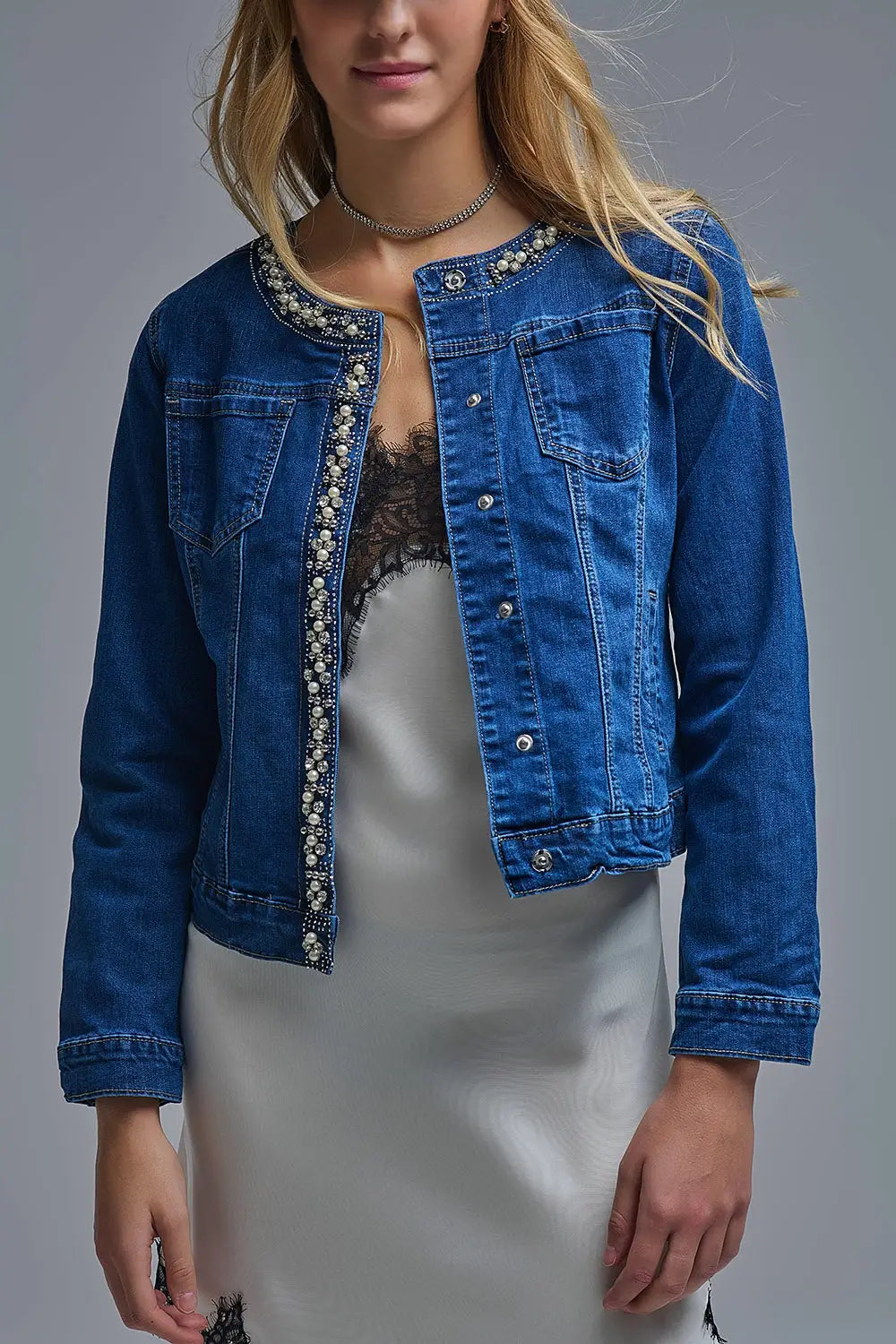 Stretch Denim Embellished Denim Jacket in Blue - Jackets